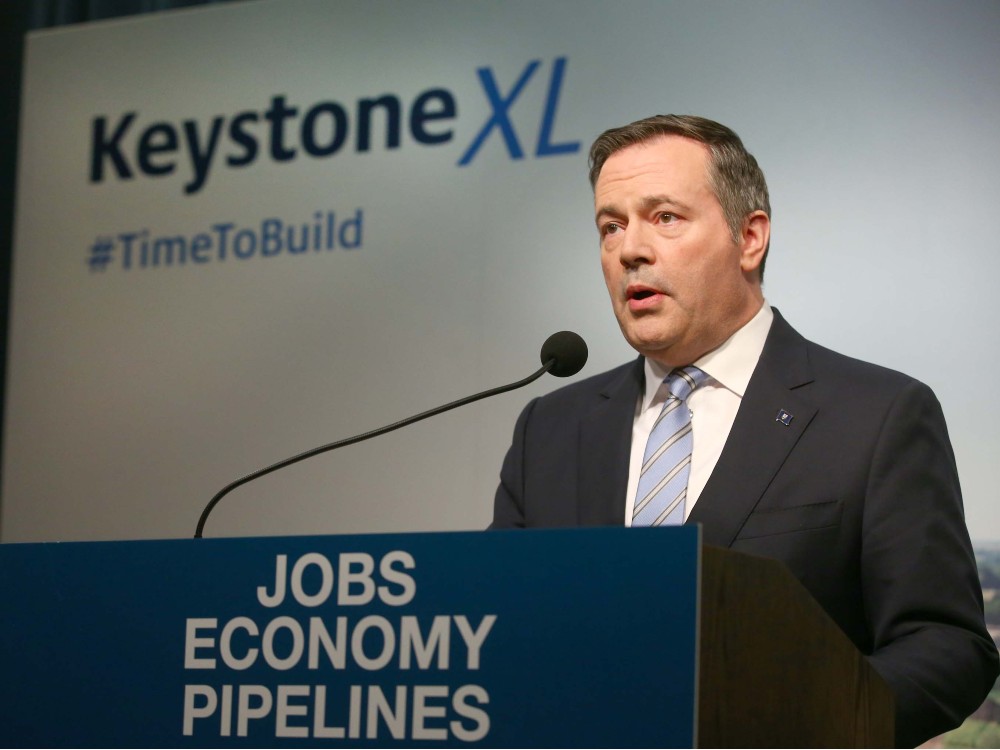  Premier Jason Kenney speaks in Calgary on March 31, 2020, about the the plan to accelerate construction on the Keystone XL pipeline.
