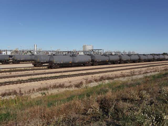 Crude oil rail tanker cars await loading this week at Cenovus’s Bruderheim Energy Terminal northeast of Edmonton.