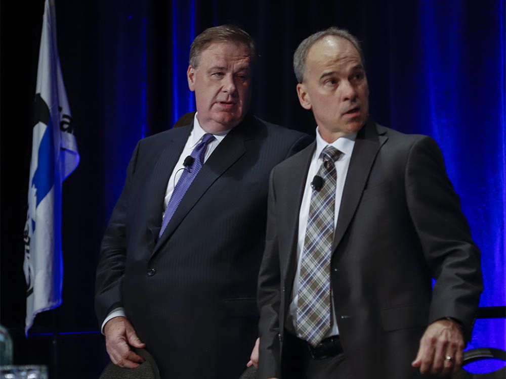  Canadian Natural Resources Ltd. chairman Murray Edwards, left, and president Tim McKay prepare to address the company’s annual meeting in Calgary, Thursday, May 9, 2019.