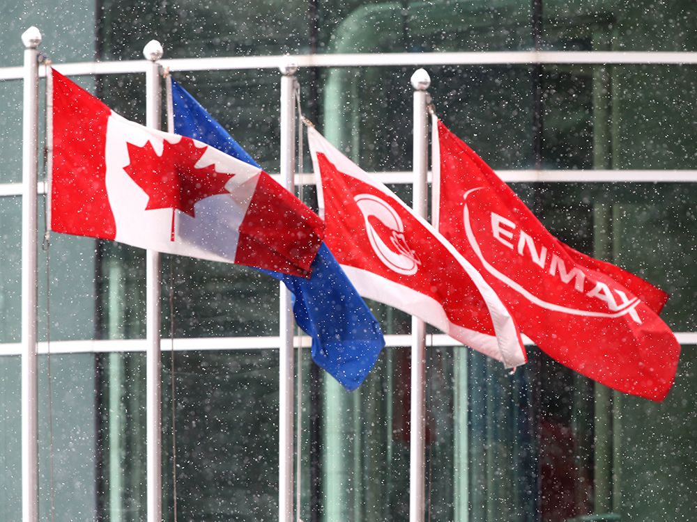  Canada, Alberta, City of Calgary and Enmax flags fly in downtown Calgary on Friday, October 23, 2020.