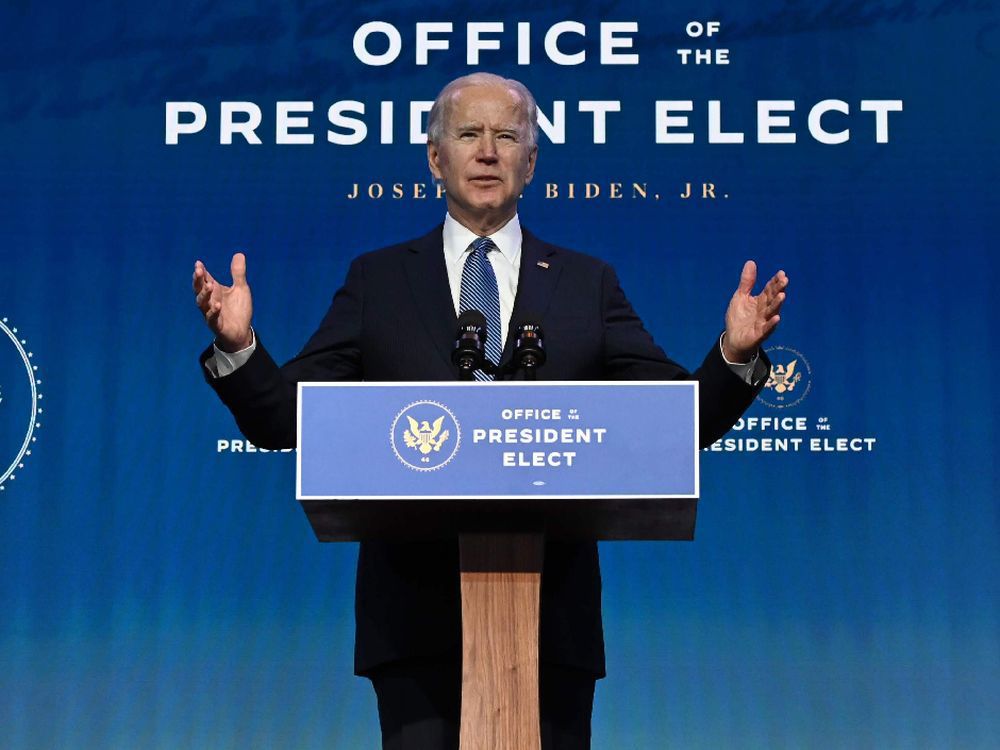  U.S. President-elect Joe Biden speaks at The Queen theatre in Wilmington, Delaware on Jan. 7, 2021.