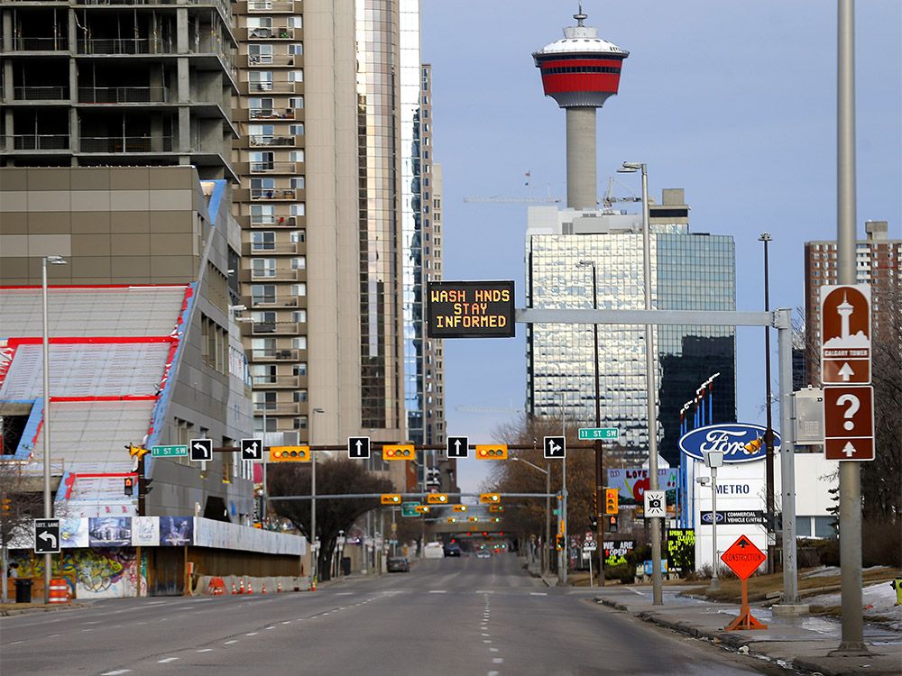  Ninth Avenue entering downtown Calgary with barely any traffic on Sunday, March 29, 2020.