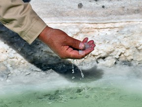 A brine pool for extracting lithium in Bolivia.