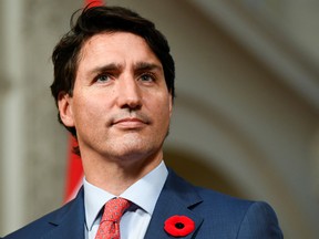 Prime Minister Justin Trudeau attends a news conference in The Hague, Netherlands on Oct. 29, 2021.