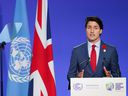 Prime Minister Justin Trudeau speaks as national statements are delivered on Day 2 of the COP 26 United Nations Climate Change Conference on Nov. 1, 2021, in Glasgow, Scotland.