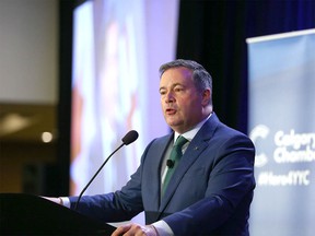 Alberta Premier Jason Kenney speaks during a noon hour speech at a Calgary Chamber of Commerce event in Calgary at the Westin Hotel on Wednesday, December 8, 2021.