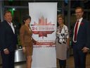 L-R, Denis Painchaud, President, Canadian Organizing Committee Minister, Sonya Savage, Alberta Minister of Energy Mayor, Jyoti Gondek, Mayor of Calgary and Richard Mason, Chair World Petroleum Congress were onhand to announce the theme for the 24th World Petroleum Congress will be taking place in Calgary from September 17-21st, 2023 and is expected to draw 15,000 visitors, delegates, exhibitors and media from more than 100 countries, with an estimated economic impact in excess of $50 million at the Calgary TELUS Convention Centre in Calgary on Wednesday, November 10, 2021. Darren Makowichuk/Postmedia