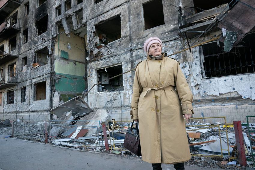 An elderly woman, still resident in an apartment high rise struck by a Russian missile in Kyiv, Ukraine, describes how her faith will get her through difficult times. March 29, 2022. Kyiv, Ukraine. Michael Agosti for Toronto Star