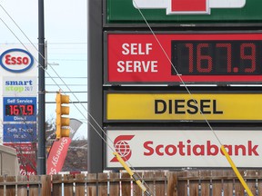 Gas prices advertised on 16th Avenue N.E. in Calgary on Monday.