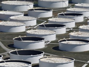 Crude oil storage tanks at the Cushing oil hub in Oklahoma, U.S.