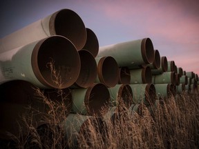 Miles of unused pipe, prepared for the proposed Keystone XL pipeline, sit in a lot on October 14, 2014 outside Gascoyne, North Dakota.