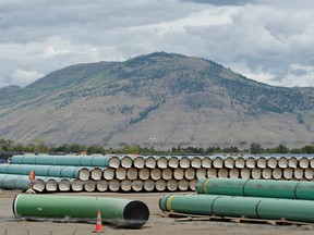 Pipe for the Trans Mountain expansion is stored in Kamloops, B.C., on June 7, 2021.