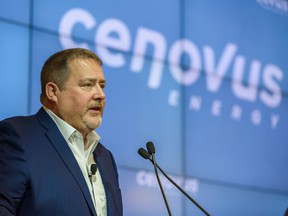 Cenovus CEO Alex Pourbaix speaks at a news conference on Jan. 30, 2020.