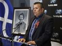 President of the Fort McKay Metis Ron Quintal announces they bought all of its land from the provincial government, in Edmonton Alta, on Wednesday March 28, 2018. 