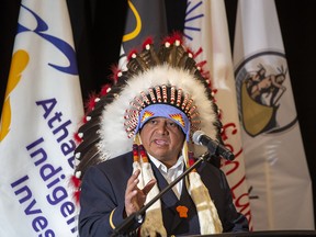 Greg Desjarlais, Chief of Frog Lake First Nation, speaks at Wednesday’s announcement in Edmonton.