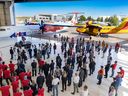 Premier Jason Kenney speaks during the announcement in a De Havilland hangar at the Calgary International Airport on Wednesday.
