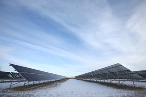 Solar panels are shown near the Shepard Landfill site in southeast Calgary.