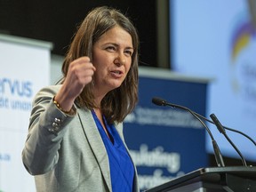 Premier Danielle Smith speaks at an Edmonton Chamber of Commerce luncheon on Thursday.
