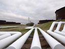 Pipelines run to Enbridge Inc.'s crude oil storage tanks at their tank farm in Cushing, Oklahoma.