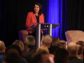 Alberta Premier Danielle Smith speaks during the Canadian Association of Energy Contractors 2023 drilling forecast luncheon at the Westin Calgary on Wednesday, November 23, 2022.