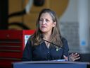 Deputy Prime Minister Chrystia Freeland speaking during a press conference at Bison Transport in Calgary.