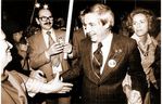 Premier Peter Lougheed and his wife Jeanne celebrate the Progressive Conservative party’s first re-election on March 26, 1975.