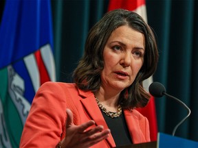 Alberta Premier Danielle Smith speaks with media at McDougall Centre in Calgary on Tuesday, January 10, 2023.