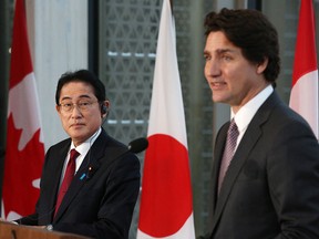 Prime Minister Justin Trudeau and Japanese Prime Minister Fumio Kishida hold a news conference on Jan. 12 in Ottawa.
