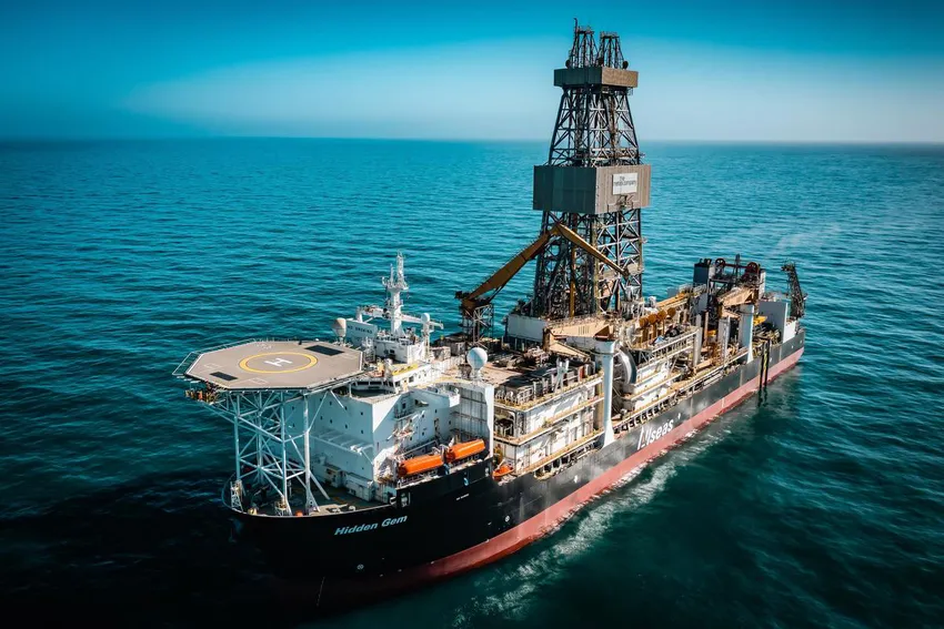 Aerial shot of Hidden Gem, a ship designed with equipment to collect polymetallic nodules from the sea floor, in the Clarion-Clipperton Zone of the Pacific in October.