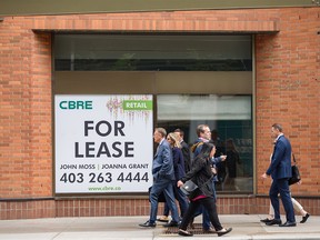 An office for lease sign in downtown Calgary on June 1, 2022.