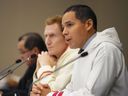 Natan Obed, President of Inuit Tapiriit Kanatami, speaks as Marc Miller, Minister of Crown- Indigenous Relationsm looks on during a meeting of the Inuit-Crown Partnership Committee in Ottawa, Thursday, Dec. 1, 2022. Obed says that despite the government's talk of fiscal restraint, it will still be spending billions -- and he hopes that includes a 35-year, $75-billion commitment for infrastructure in Inuit communities.