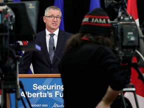 President of Treasury Board and Minister of Finance Travis Toews discusses the Alberta 2023 Budget during a press conference in Edmonton on Tuesday, February 28, 2023.