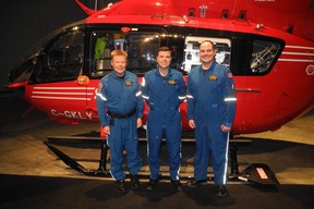 From left are flight paramedic John Doyle, pilot Jason Arthur, and flight nurse Stuart Grant. STARS handled more than 36,000 emergency requests in 2021/2022. Photos, Bill Brooks