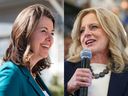 Danielle Smith and Rachel Notley in Calgary at the beginning of the 2023 Alberta provincial election on May 1.