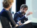 Minister of Environment and Climate Change Steven Guilbeault takes part in a conversation with Diana Fox Carney, Senior Adviser, Eurasia Group and Strategic Advisory Board Member, Terramera, during the Canada 2020 Net-Zero Leadership Summit in Ottawa on Wednesday, April 19, 2023. Guilbeault says a new analysis of the social cost of carbon emissions suggests the economic cost of greenhouse gas emissions is nearly five times higher than previously thought.