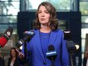 UCP leader Danielle Smith speaks to the media following a debate with Alberta NDP leader Rachel Notley at CTV Edmonton on May 18.