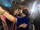 UCP Leader Danielle Smith celebrates her party's win at the Big Four Building in Calgary on Monday.