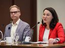 Lethbridge-West NDP candidate Shannon Phillips and former ATB Chief Economist Todd Hirsch release the Alberta NDP’s financial plan in Calgary on Tuesday, May 16, 2023.