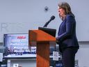 Premier Danielle Smith speaks during an announcement that Alberta will extend the fuel tax pause program through to Dec. 31. The announcement was made at New West Truck Centres in Calgary on Monday, June 19, 2023.