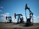 Pumpjacks are seen south of Weyburn, Saskatchewan on Sept. 7, 2021.