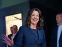 Danielle Smith celebrates the UCP's win and her re-election as premier in the 2023 Alberta election as she arrives at the UCP watch party on May 29.