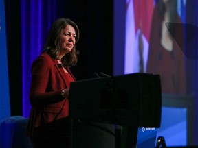 Premier Danielle Smith speaks during a Calgary Chamber of Commerce luncheon at the Hyatt Regency hotel in Calgary on Thursday, June 29, 2023.