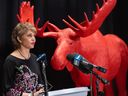 Mayor Jyoti Gondek speaks at a media event for the unveiling of Rocky the Moose at the City Hall in anticipation of the 24th World Petroleum Congress in Calgary on Wednesday, May 10, 2023.