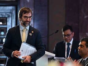 Steven Guilbeault (L), Canadian minister of environment and climate change, attends the fourth environmental and climate sustainability working group meeting held in Chennai, India on July 27, 2023.