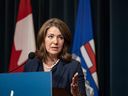 Alberta Premier Danielle Smith speaks at a press conference in McDougall Centre in Calgary on Monday, Aug. 14.