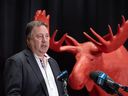 Denis Painchaud, president of the Canadian Organizing Committee for the 24th World Petroleum Congress, speaks at a media event for the unveiling of Rocky the Moose at the City Hall in anticipation of the World Petroleum Congress in Calgary on Wednesday, May 10, 2023.