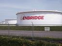 This June 29, 2018, photo shows tanks at the Enbridge Inc. terminal in Superior, Wis. 