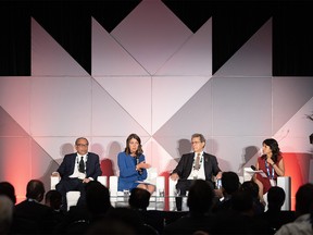 Premier Danielle Smith speaks at a ministerial round table with Tutuka Ariadji, director general of oil and gas with Indonesia’s ministry of energy and mineral resources, left, Mohammed Oun, Libya’s minister of oil and gas, and Amrita Sen, founder and director of research with Energy Aspects from United Kingdom, at BMO Centre at Stampede Park during the World Petroleum Congress on Tuesday, September 19, 2023.