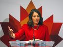 Premier Danielle Smith speaks to the media during the 24th World Petroleum Congress in Calgary on Monday, September 18, 2023.