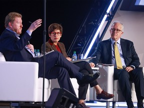 From left; RJ Johnston, executive director with the Center on Global Energy Policy at Columbia University, Deborah Yedlin, president and CEO of the Calgary Chamber of Commerce and John Elkind, senior research scholar with the Center on Global Energy Policy take part in a panel discussion titled “How are Geopolitical Realities Shaping the Energy Transition?” at the World Petroleum Congress in Calgary on Wednesday, September 20, 2023.